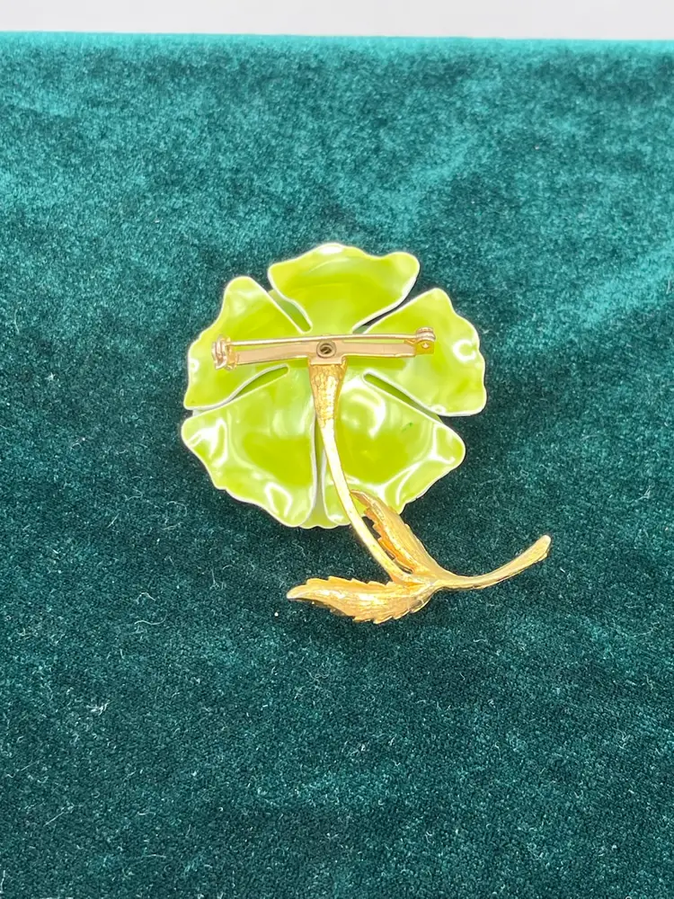 Vintage Lime Green Enamel Flower Gold Stem Brooch