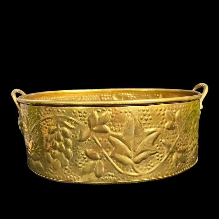Hosley Oval Brass Planter w/ Handles, Embossed Grape w/ Leaf Pattern