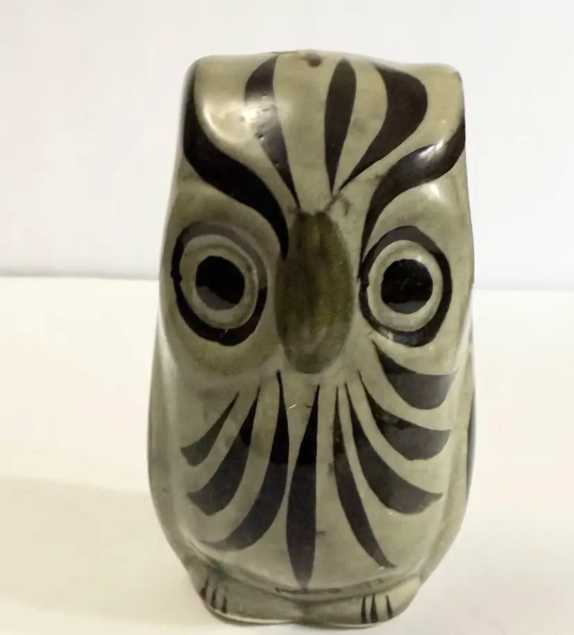 Vintage Hand Painted Tonala Mexican Folk Art Pottery Owl 5” Blue Flower Grey