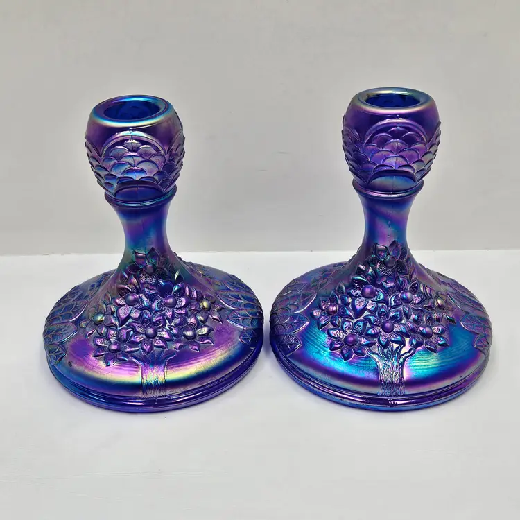 Pair of Fenton Iridescent Blue Carnival Glass Orange Tree Candle Holders