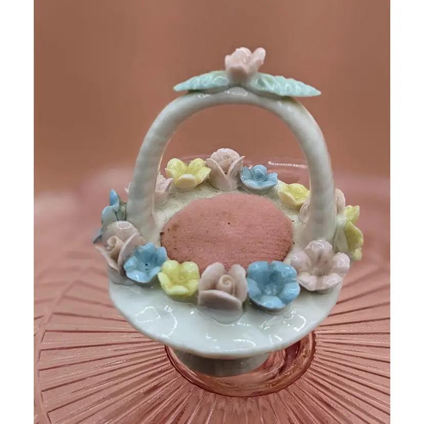 Vintage Ceramic Basket with Pastel Flowers & Pink Pincushion Attributed to Ardalt