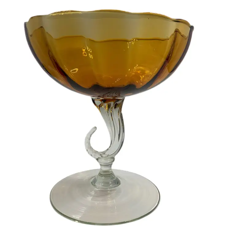 Empoli Amber Bowl Candy Dish Curled Clear Stem Made Italy Mid Century Vintage