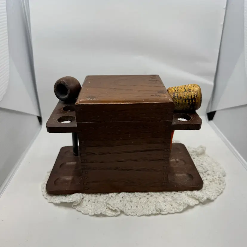 Vintage Pipe Stand And Tobacco Box, Comes With 2 Vintage Pipes