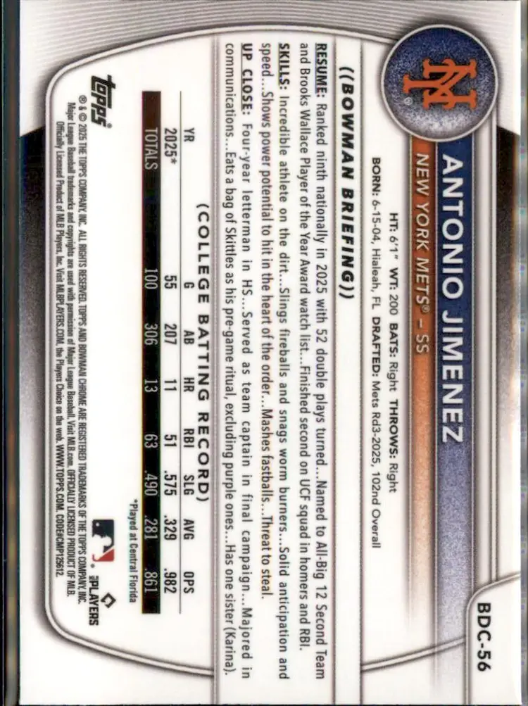 2025 Bowman Draft #BDC-56 Antonio Jimenez Chrome - (138) - New York Mets