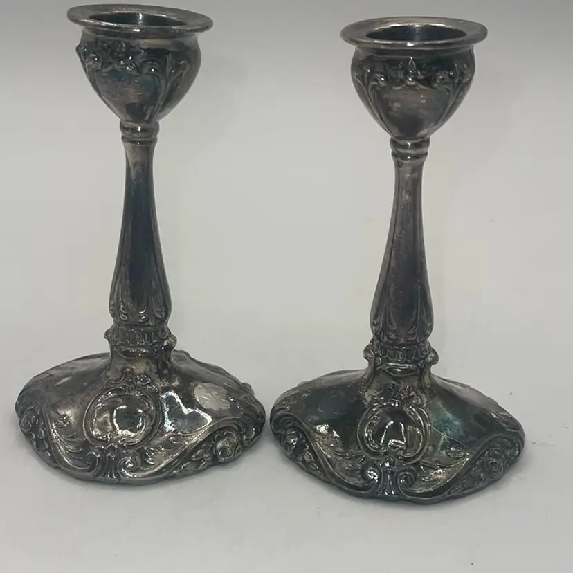 Silvertone pair of candle holders 4 1/2 inches