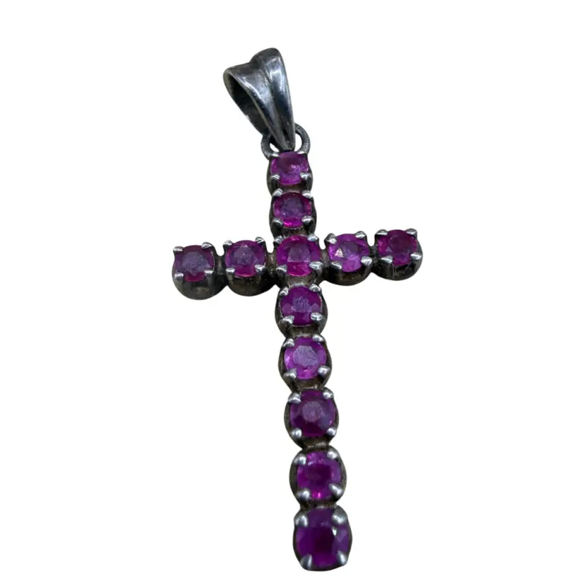 Vintage Sterling Silver Pink Sapphire Ruby Cross Pendant Necklace