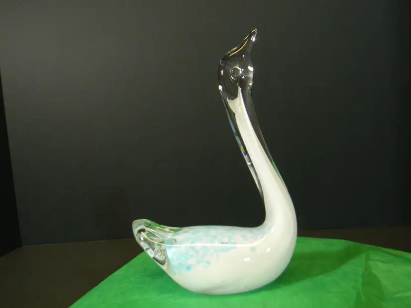 Glass Swan with White and Blue and Clear Glass