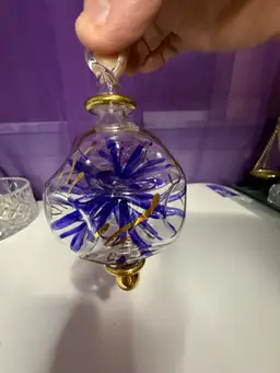 Hand-Blown Blue & Gold Glass Ornament: "Midnight Bloom"