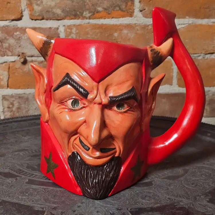 Vintage Devil Head Ceramic Pitcher Jug Red & Black Hand Painted 10” Mid Century Style Halloween Barware Gothic Decor