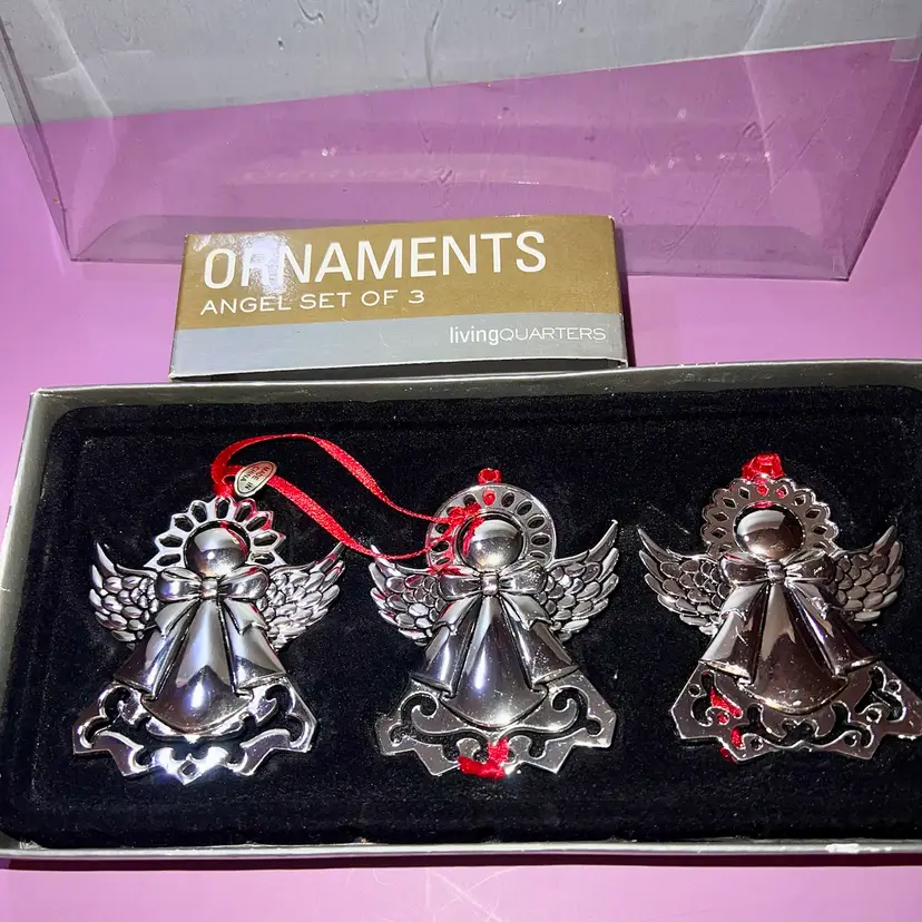 Set Of Three Living Quarters Silver Color Angel Ornaments In Original Box