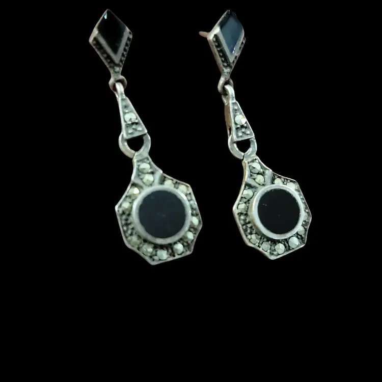Vtg Sterling Silver Black Onyx Dangle Drop Earrings 1 1/2" Long Romantic READ