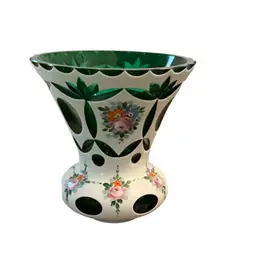 Vintage Moser Czech Or Bohemian White Cut To Green Cased Glass Vase 5”x 4 1/2”