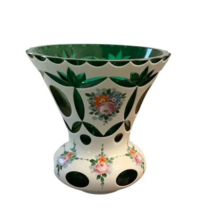 Vintage Moser Czech Or Bohemian White Cut To Green Cased Glass Vase 5”x 4 1/2”