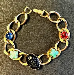 Vintage Scarab Bracelet Kafin Style Glass Gold Tone Double Link With Stones