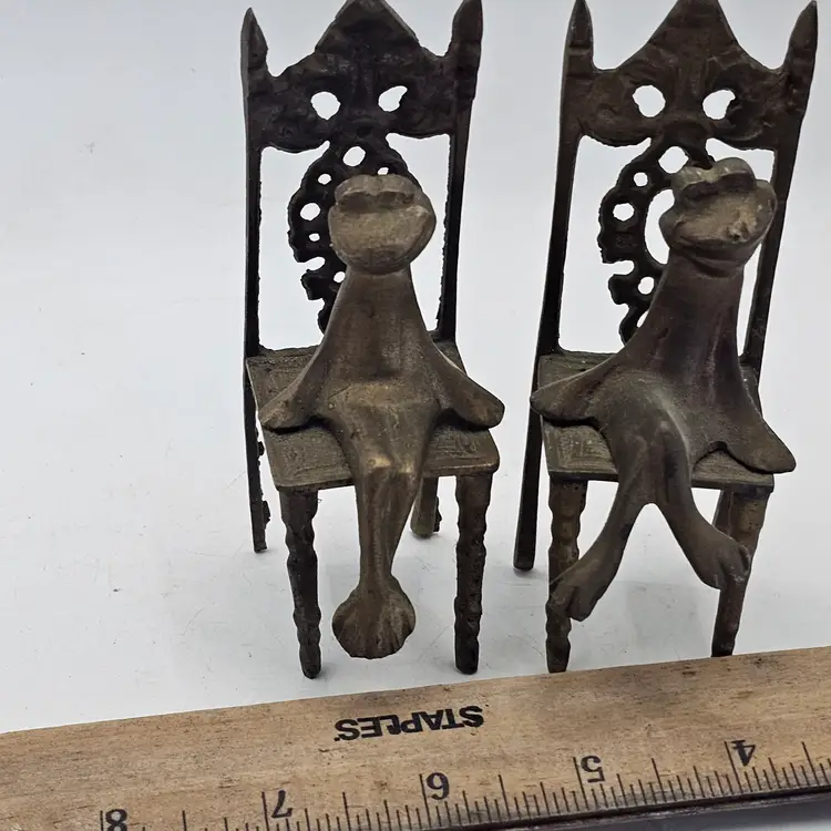 Vintage Brass frogs sitting in chairs set of two