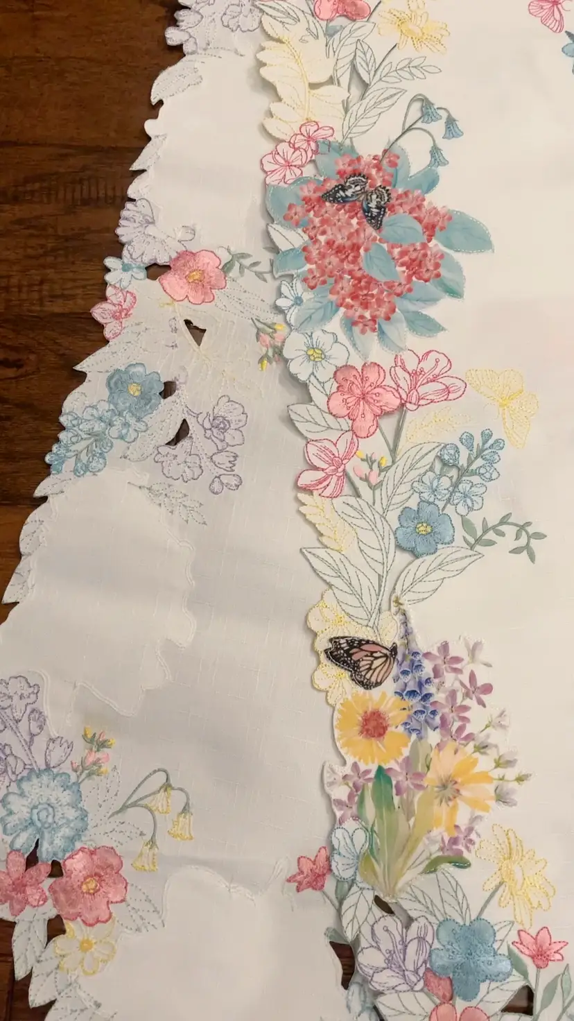 Spring Table Runner Flowers Butterflies 72” Machine Embroidery