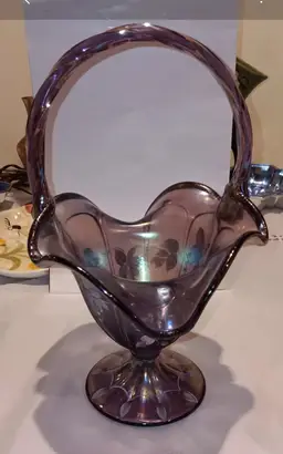 Signed Fenton Glass 75th Anniversary Plum Iridescent Wisteria Basket