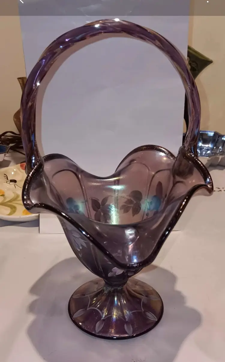 Signed Fenton Glass 75th Anniversary Plum Iridescent Wisteria Basket