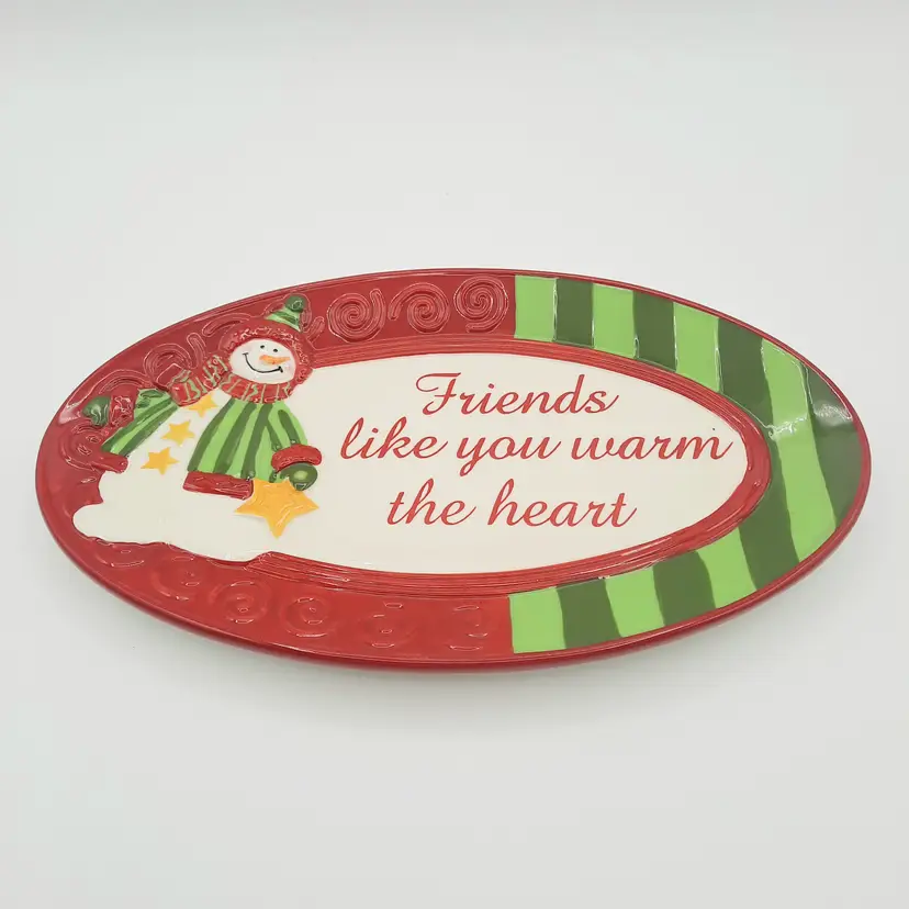 Fitz and Floyd Holiday Folk Snowman Oval Tray "Friends Like You Warm The Heart"