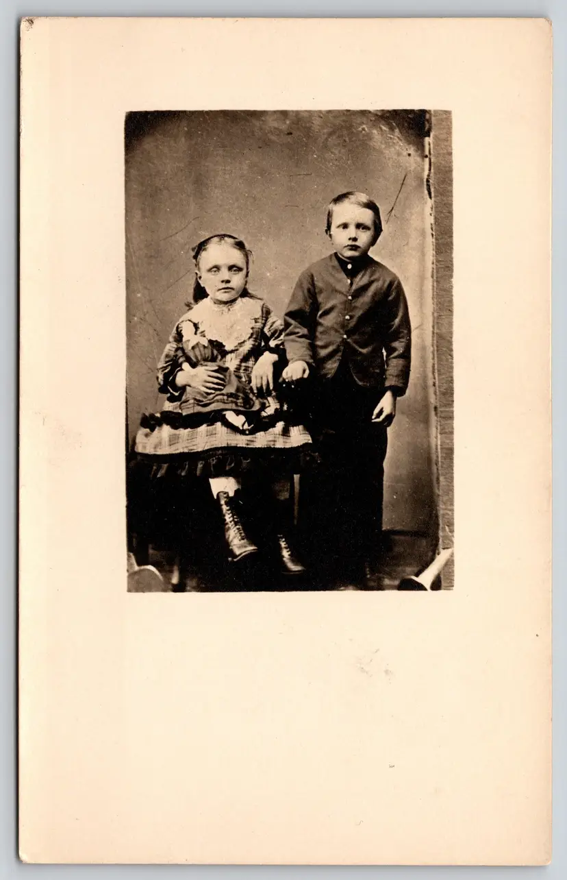 Postcard RPPC Children with Doll Real Photo Siblings Plaid Dress Brother Sister - 9104