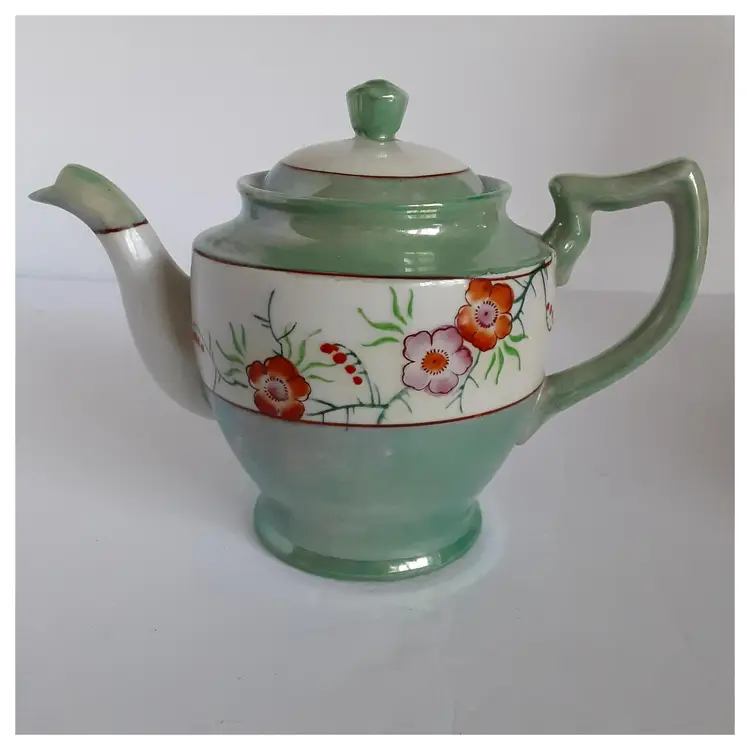 Vintage China Teapot, Creamer, Covered Sugar, Made in Japan, Tricor Pattern, Lusterware