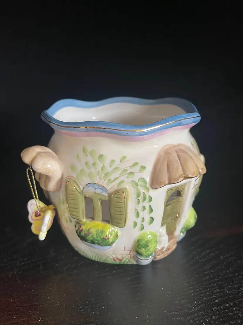 Whimsical Fair House Planter, Flower Pot, Candle Holder. Dangling Butterfly And Hand Painted Flowers. Think Spring!