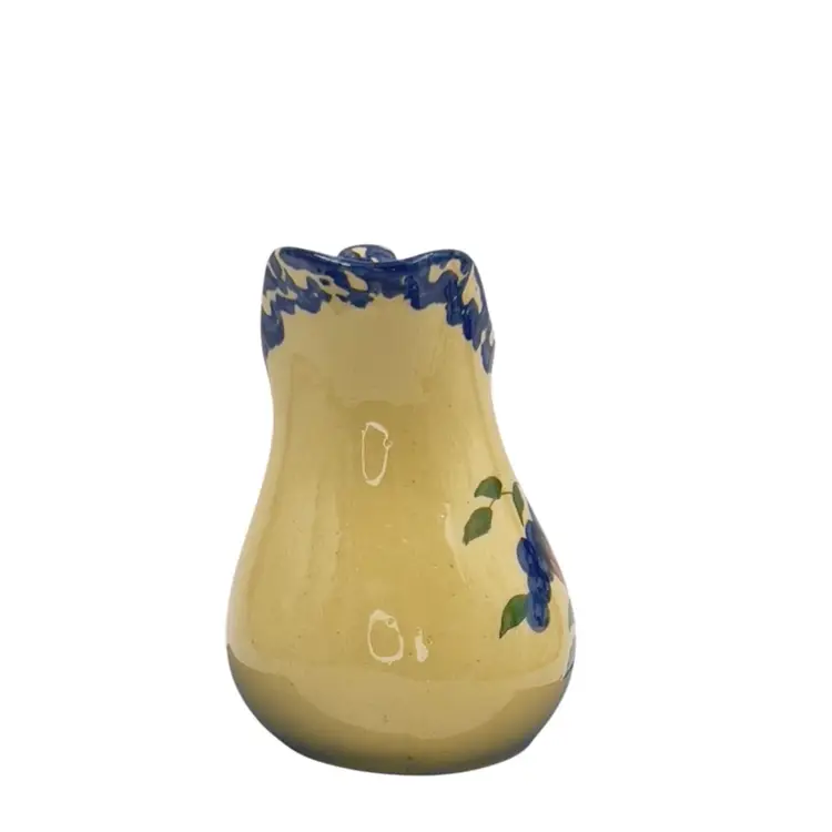 12oz POTTERY CREAMER MILK JUICE PITCHER Blue Spongeware on Buff Clay Blueberries Marked Alpine Pottery Ohio 1999 6x 3.5" Blue on Tan