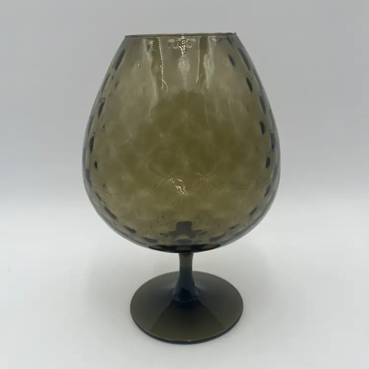 Vintage Empoli Italy Art Glass Brandy Snifter Pedestal Vase Smokey Green Diamond Optic