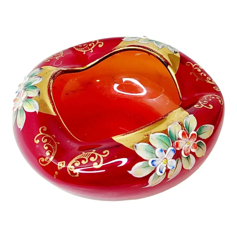 Vtg Hand Painted Bohemian Czech Ruby Red 22K Gold Dish Ashtray Enamel Flowers