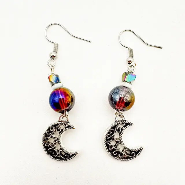 Crescent Moon Celestial Dangle Charm Earrings Glass Accent Bead Silver Tone 2