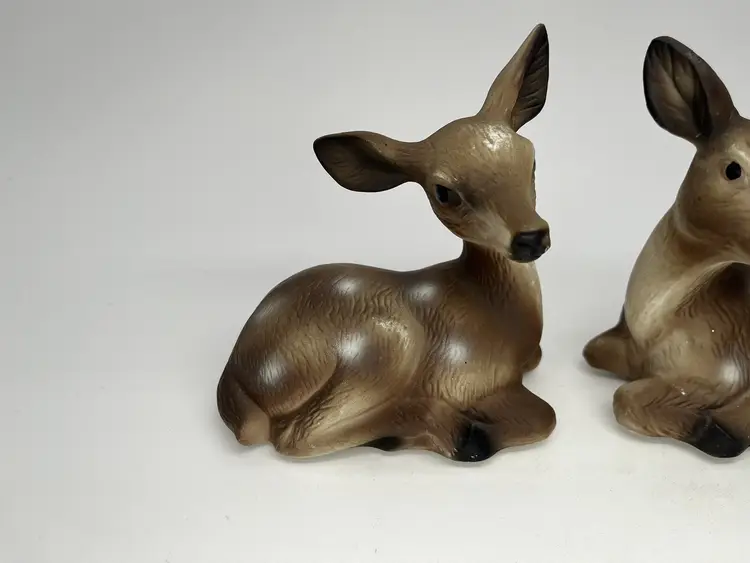 PAIR SET Vintage MCM Mid Century Deer Fawn Ceramic Porcelain Laying Figurines