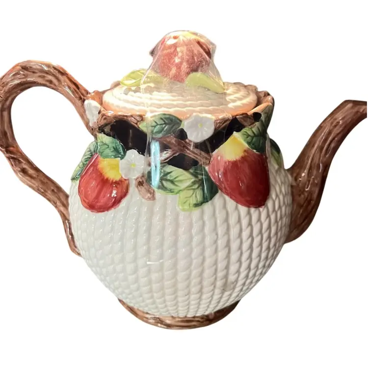 TEAPOT “Mediterranean Fruit” By Fitz and Floyd 6” Basketweave Pattern 43oz 1992