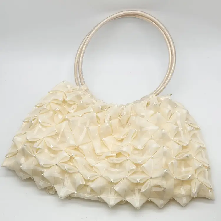 Vintage 👜 Handbag - sheer ivory fabric, pintuck design, tiny pearls, plastic tubing handles, zipper closure & interior pocket