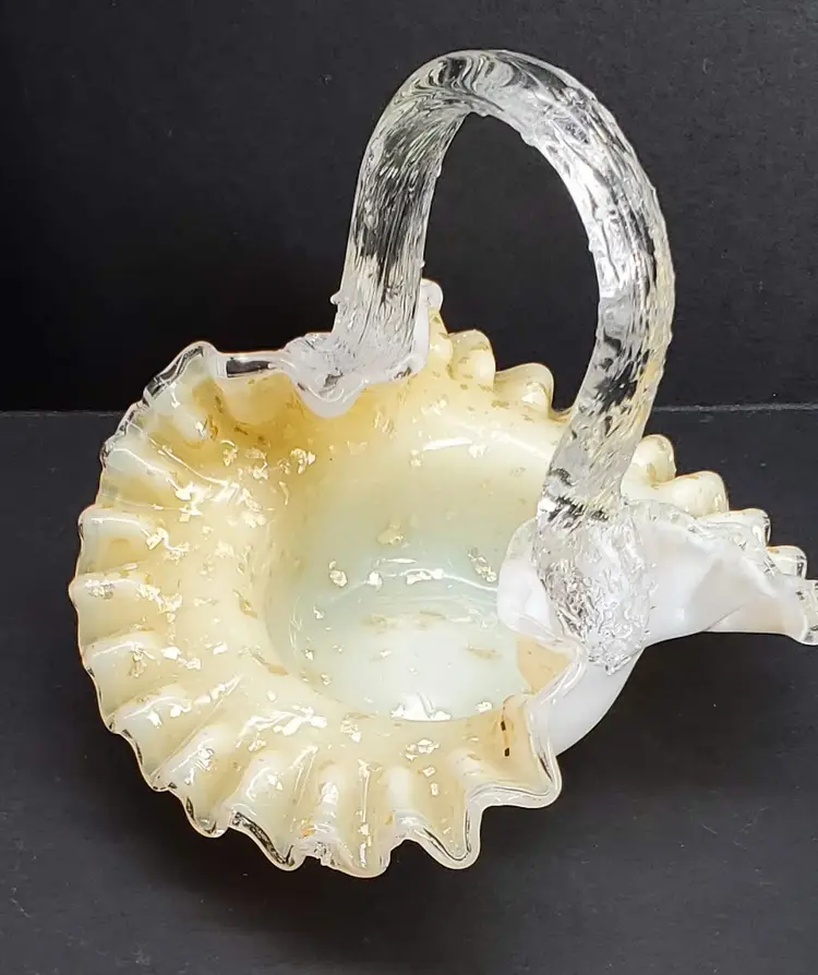 Victorian Thorn Handled Crimped Glass Basket with Gold Flakes