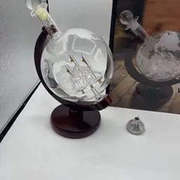 Etched Glass Globe Decanter World Map Antique Pirate Ship In Box By NEX