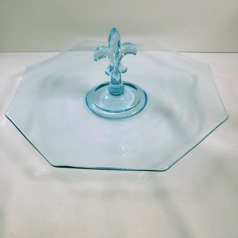 Fostoria Fairfax Blue Octagon Glass Tidbit Fleur De Lis Vintage