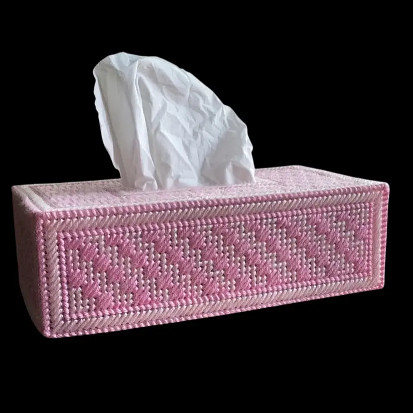 Pink And White Needlepoint Tissue Box Cover 9.5 X 5 Inches