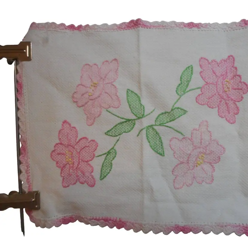 Vintage hand embroidered floral Pink Lace Dresser scarf doily placemat runner #3