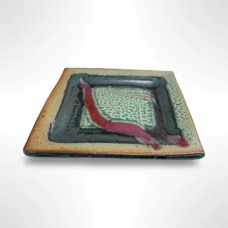 Studio Pottery Square Plate/ Tray Abstract Design Signed - 8.5”