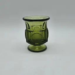 Fostoria Olive Green Coin Glass Footed Cigarette Urn Toothpick Or Match Holder  3 1/4"