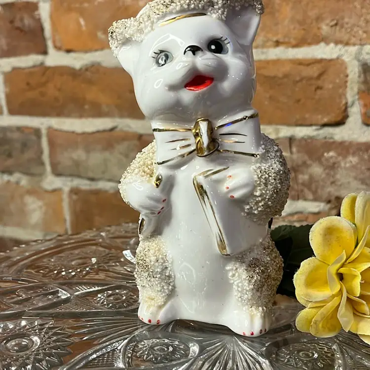 Vtg Mid Century Ceramic Kitty Cat Figurine Sugar Glaze Gold Accents pencil Book