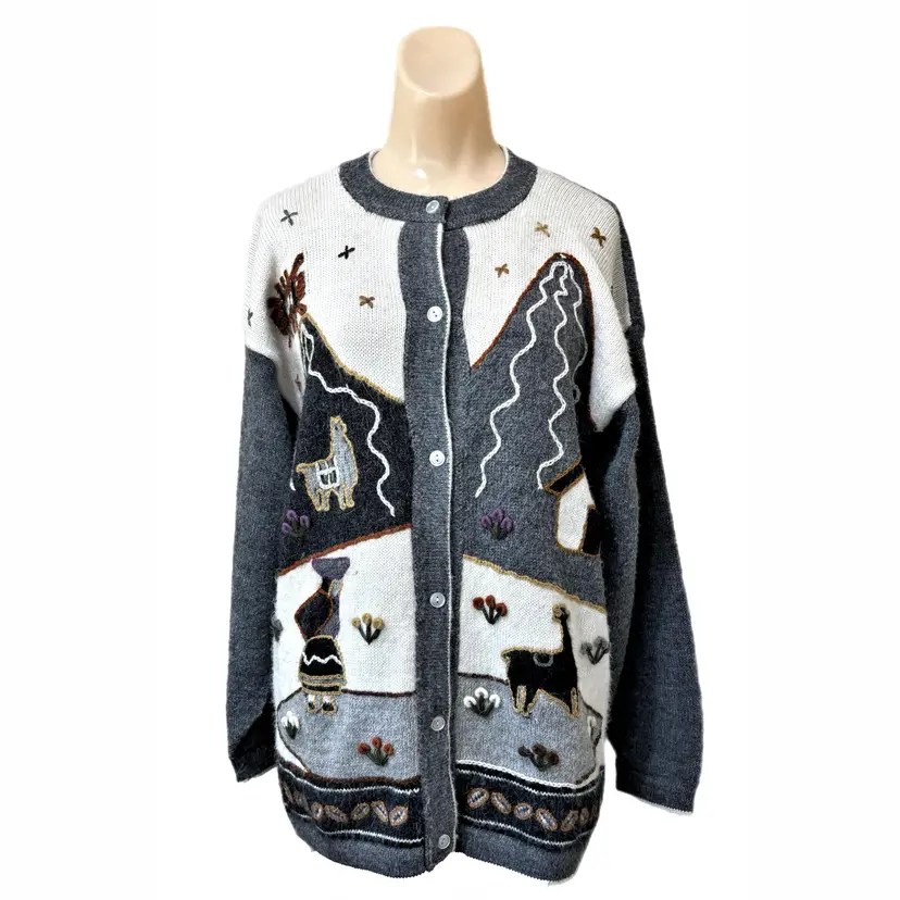 La Llama Large Cardigan Sweater Alpaca Made Ecuador Gray Grey Vintage