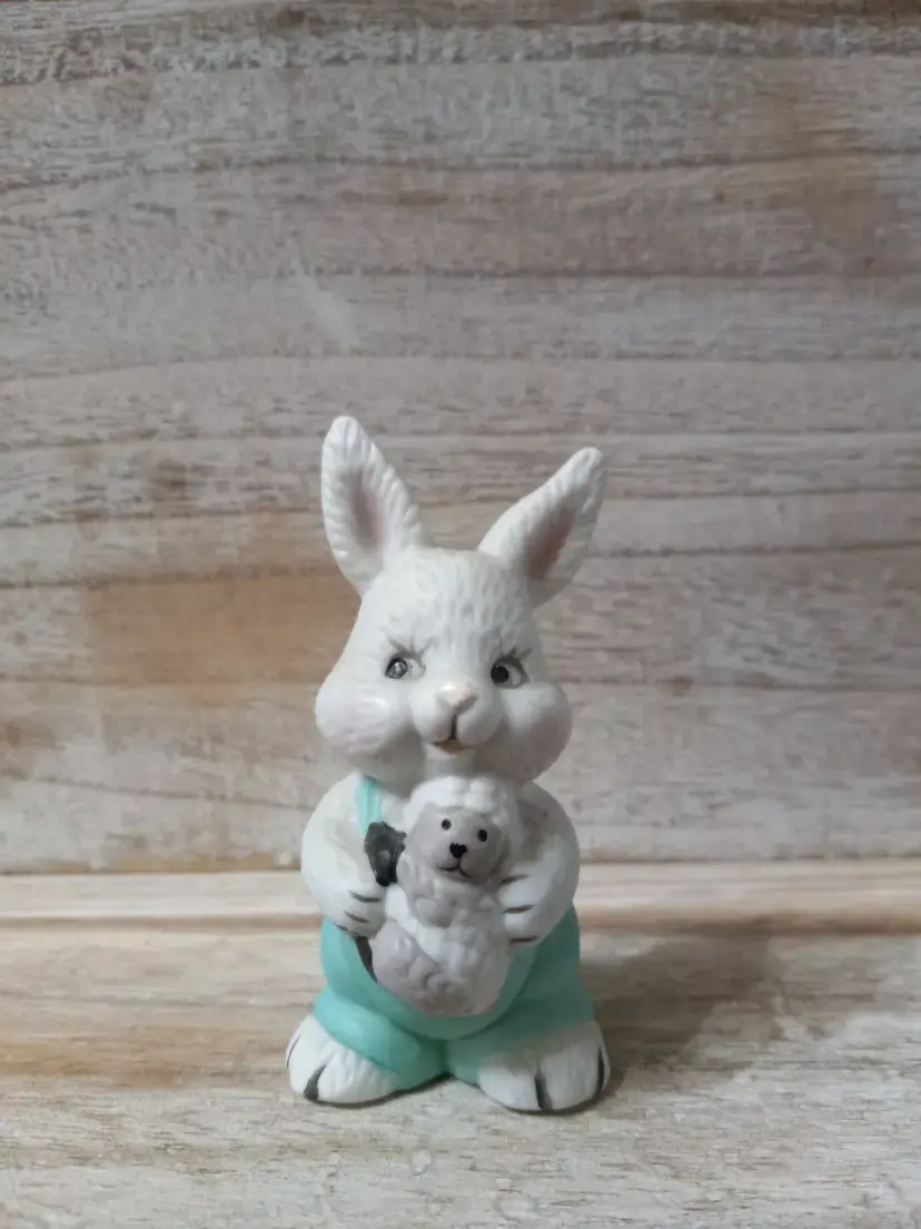 Easter Porcelain Ceramic White Bunny Rabbit Holding Little Lamb Figurine