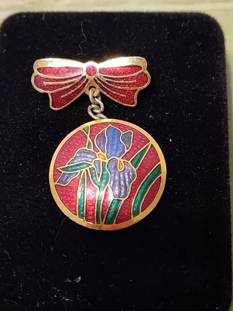 Cloisonne' Iris Flower & Bow Brooch