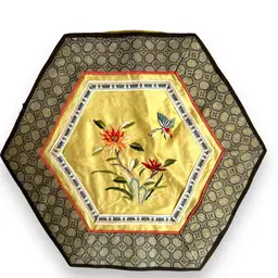 003. Vintage Hong Kong Embroidered Silk  Panel. Has Original Sticker. 11 Inches Diameter.