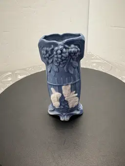 Vintage Ceramic Bisque 3 Inch Mini Blue and white bunny grapes vase