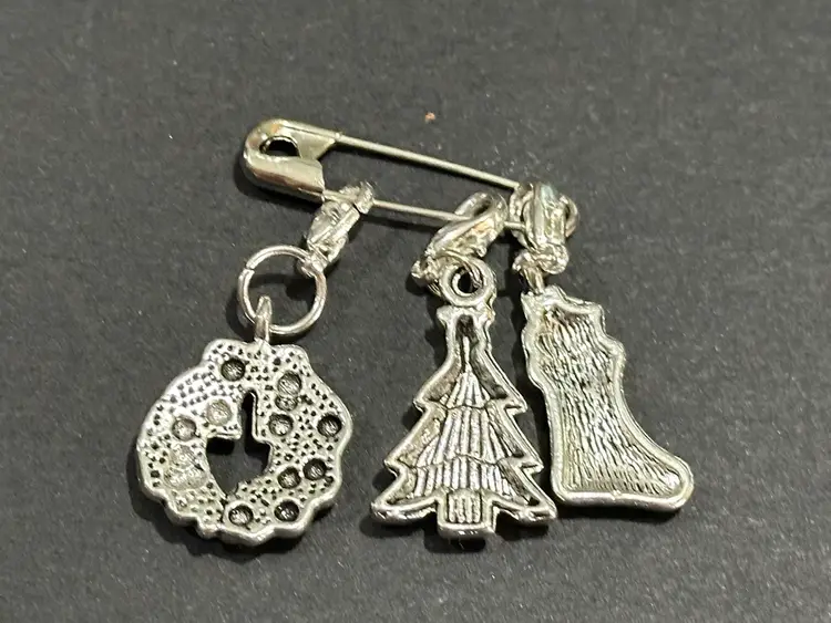 Silver Toned Christmas Stocking, Tree, And Wreath Charms Safety Pin Brooch