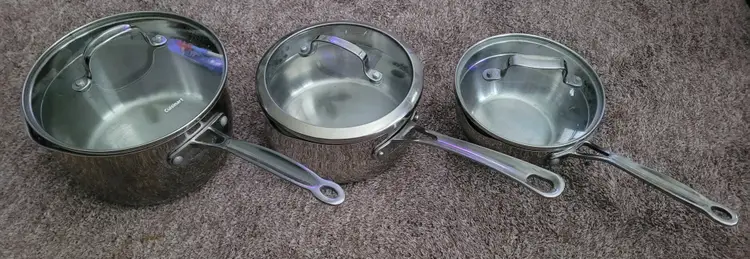 Cuisinart Four Stainless Pour Saucepans w/Lids Straining Covers 1-2-3Qt. Lot 6