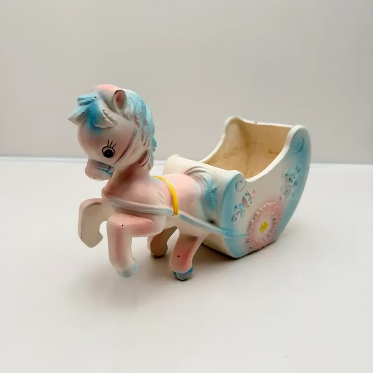 Velco Japan Labeled Ceramic Horse With Cart Baby Planter