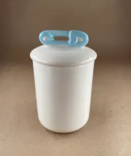 1980 Nursery Enesco Ceramic Trinket Jar with Lid - Baby Blue Safety Pin
